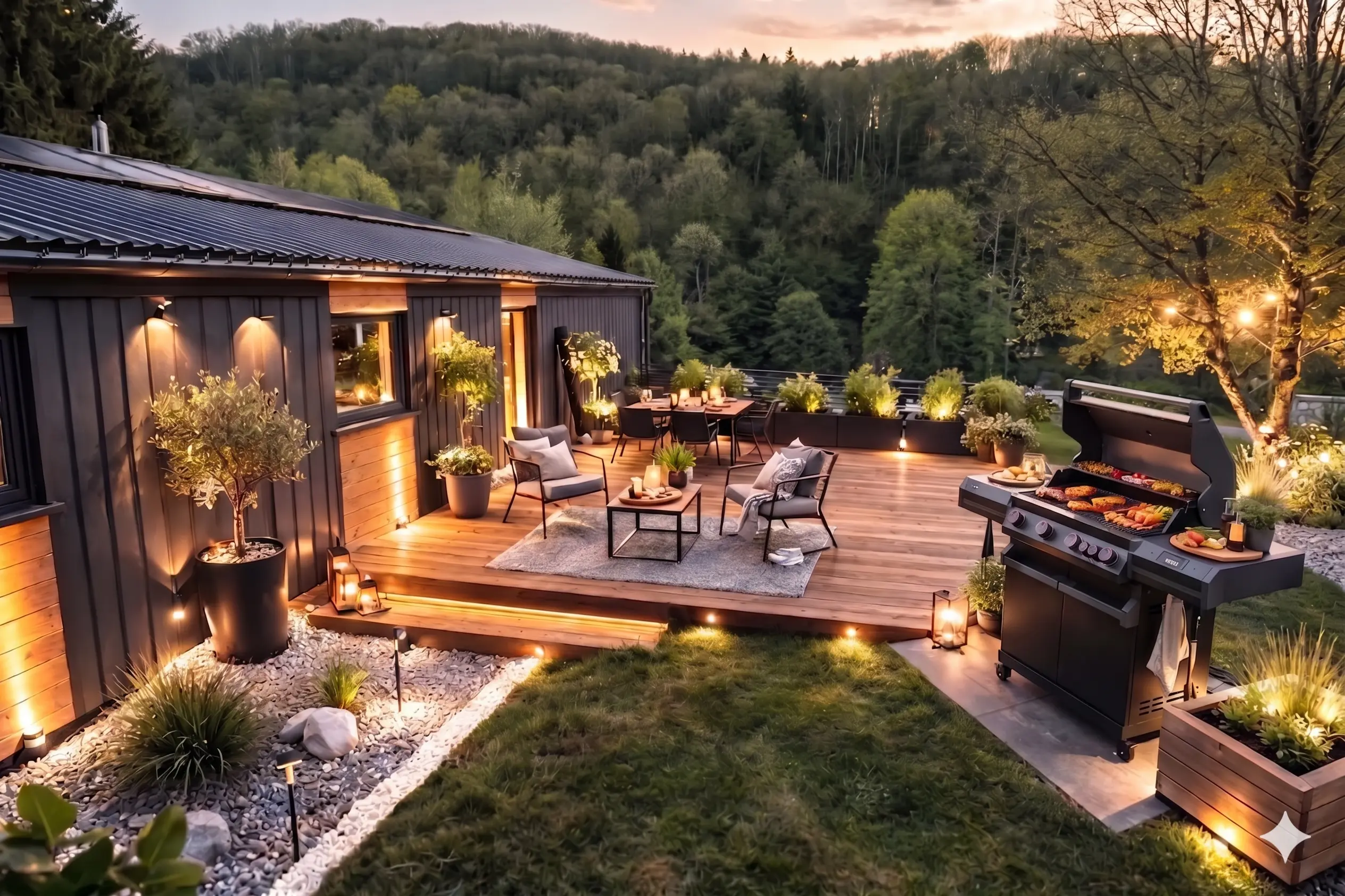 Modernes SCANDI Modulhaus mit ebenerdiger Terrasse im Abendlicht